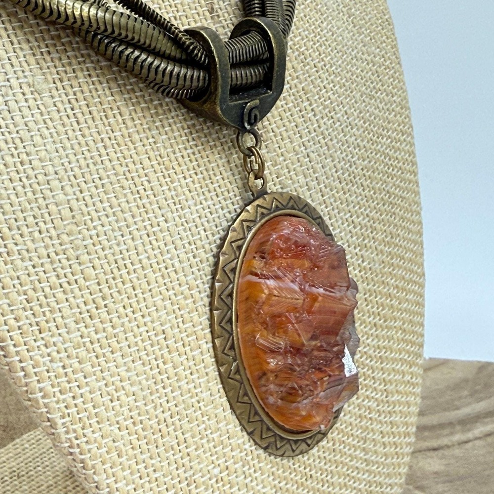 Unique Bronze Multi Snake Chain Orange Acrylic Pendant Necklace Unknown Maker - Picture 4 of 16